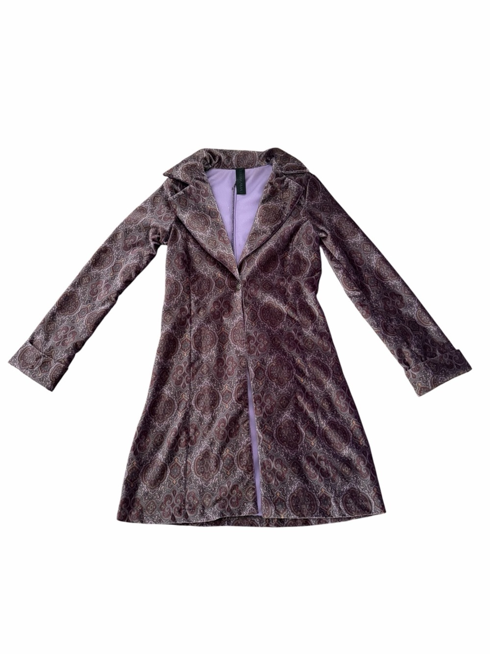 Norma Kamali Paisley Velvet Long Coat XS Purple Fitted Blazer Duster Vintage